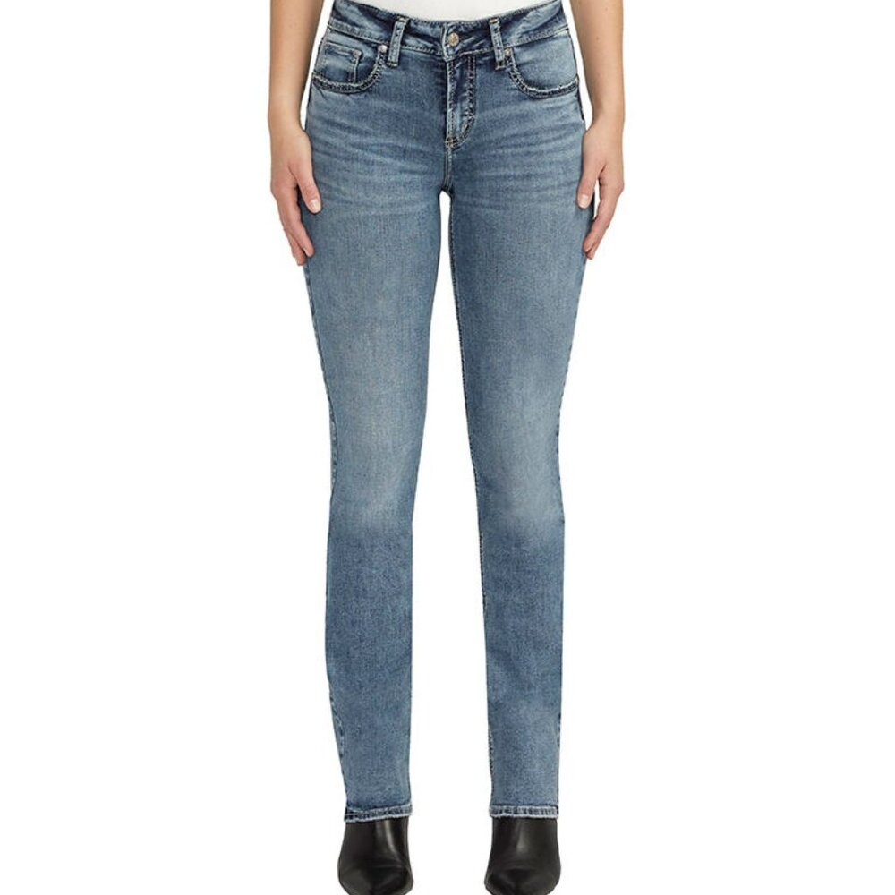 NWT Silver Jeans Mid Rise Curvy Fit Suki Slim Boot 33 Inches In Blue Black Denim